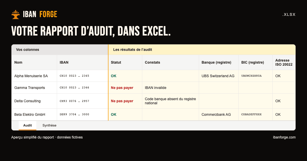 Aperçu du classeur IBANforge : colonnes d’origine, statut, constats, banque et BIC du registre, avec des lignes fictives.