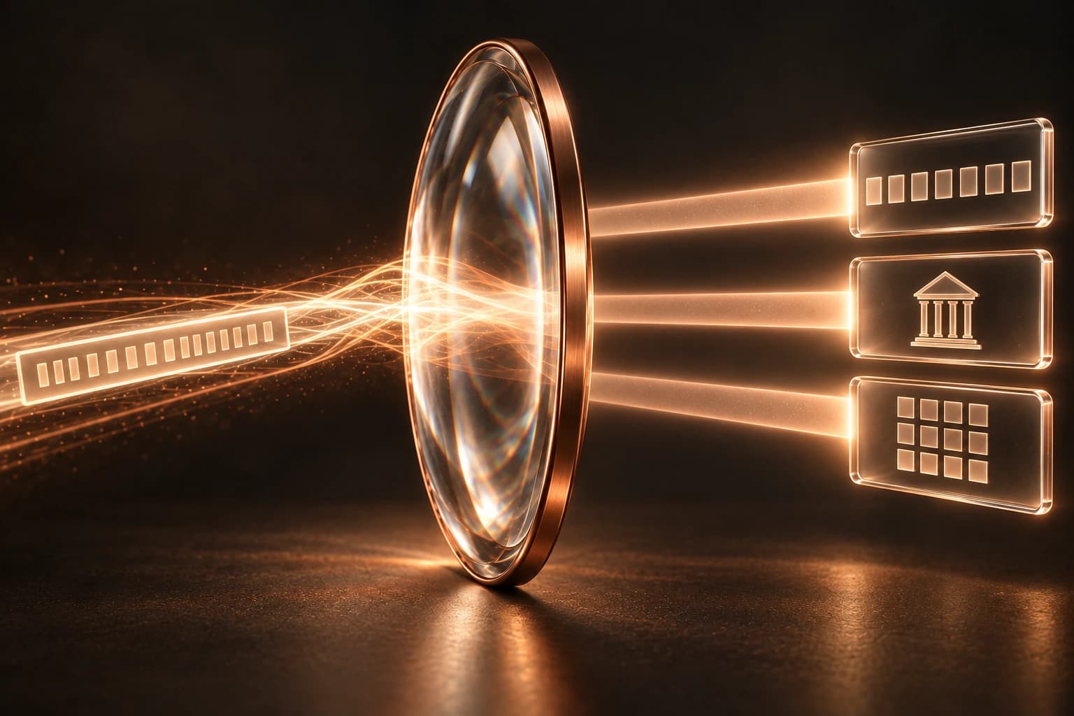 Ein Lichtstrahl durchquert eine metallgefasste Linse und beleuchtet drei getrennte Datenfelder.